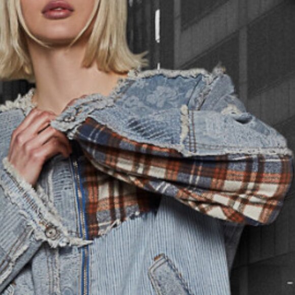 POL Distressed Grunge Denim Flanel Plaid Patch Zipper Front Street Jean Jacket - Picture 5 of 11
